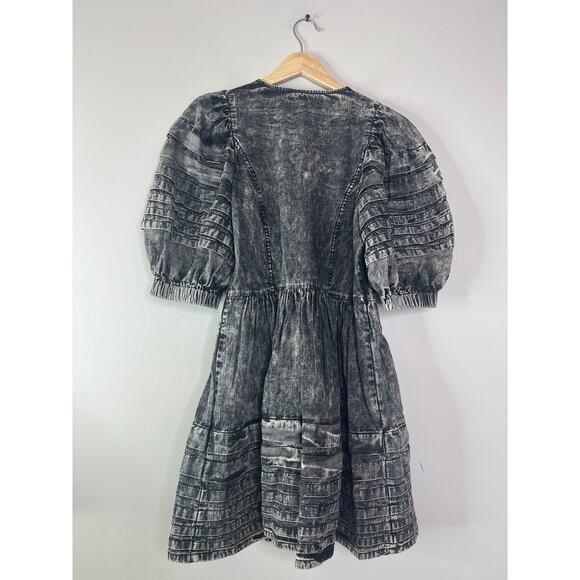 NWT Sea New York Chambray Denim Dylan Puff Sleeve Pleated Mini Dress Black - Picture 7 of 8